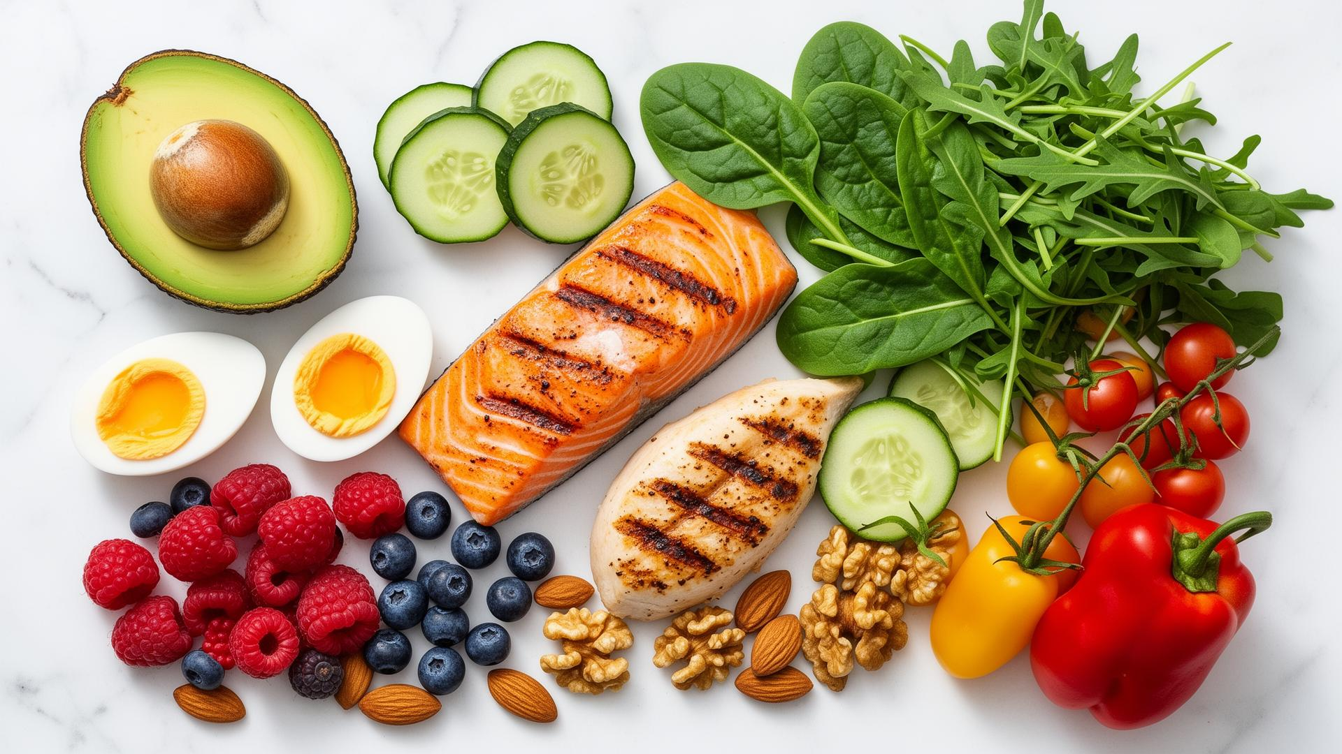 Beautiful spread of keto-friendly foods — avocado, salmon, eggs, berries, greens and vegetables